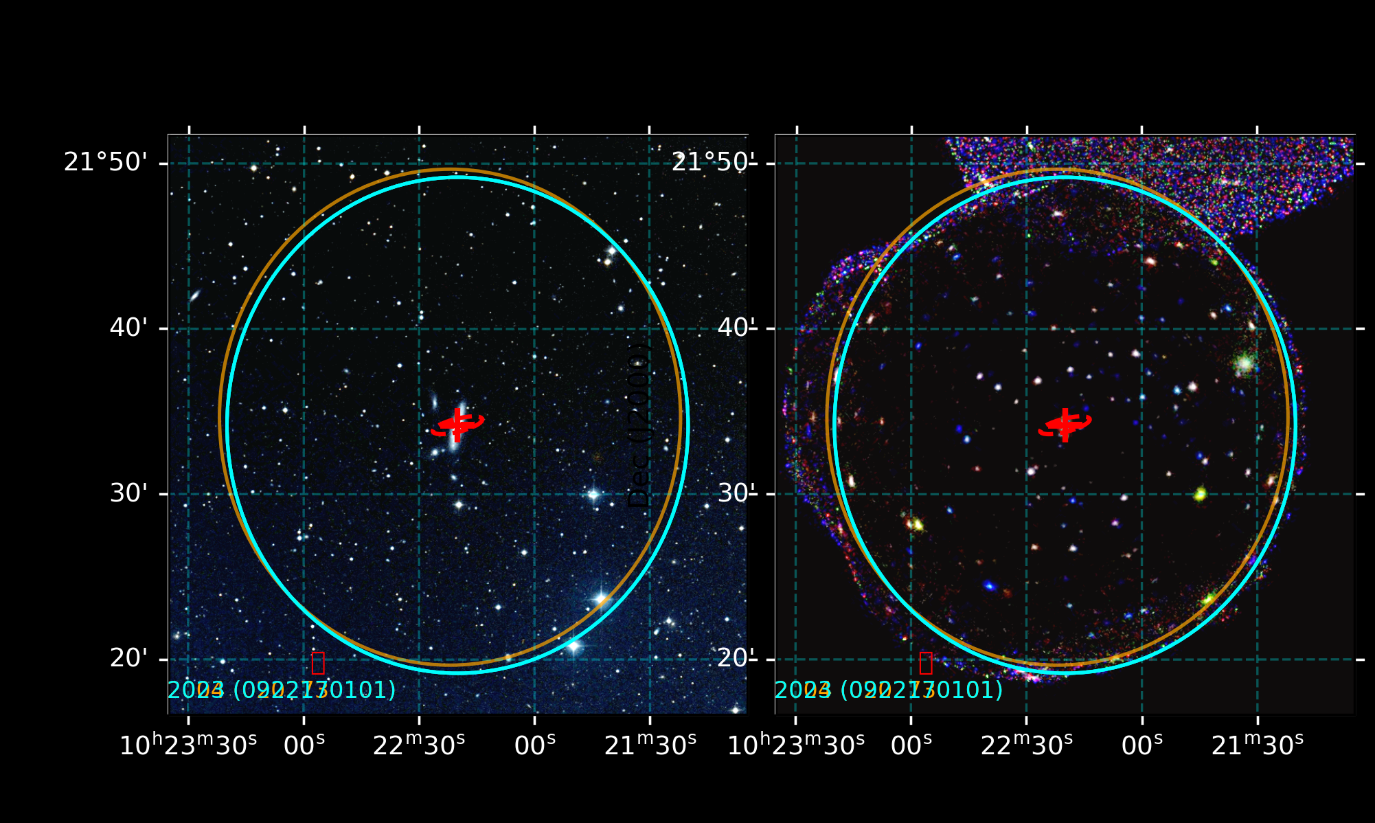 NGC 3221 全景 35′：左为 DSS2 光学，右为 XMM EPIC-RGB；标出 D25 椭圆、5 个 XMM 视场圆和核位置。