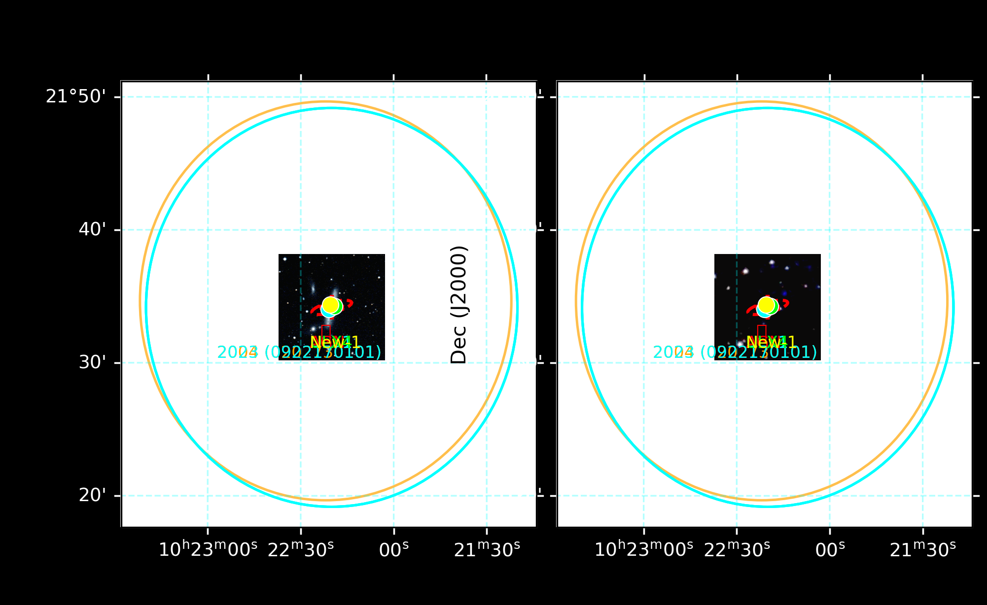 NGC 3221 放大 8′：核区光学和 X 射线图，标出 D25 和主要离散源位置。